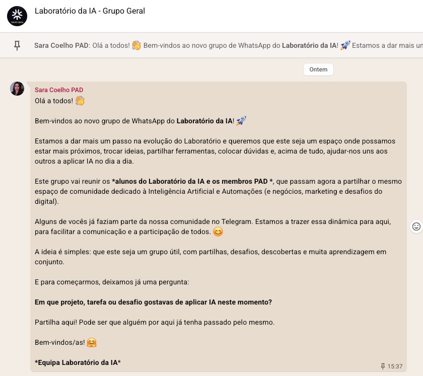Mensagem de boas-vindas no grupo de WhatsApp do Laboratório da IA